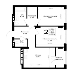 Объявление 2-к квартира, 63.05м2, 2/7 эт