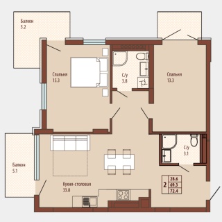 Объявление 2-к квартира, 74м2, 3/6 эт