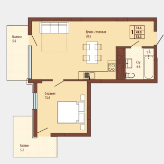Объявление 1-к квартира, 54м2, 6/6 эт