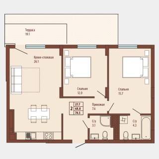 Объявление 2-к квартира, 72м2, 1/6 эт