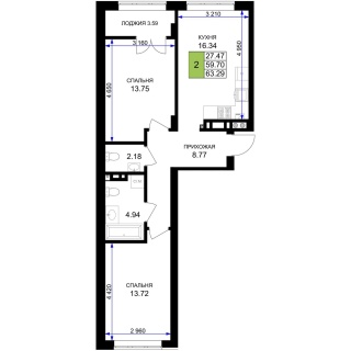 Объявление 2-к квартира, 61.5м2, 5/7 эт